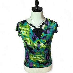 IZ Amy‎ Tang Colorful Print Surplice Top Blouse Short Sleeve
